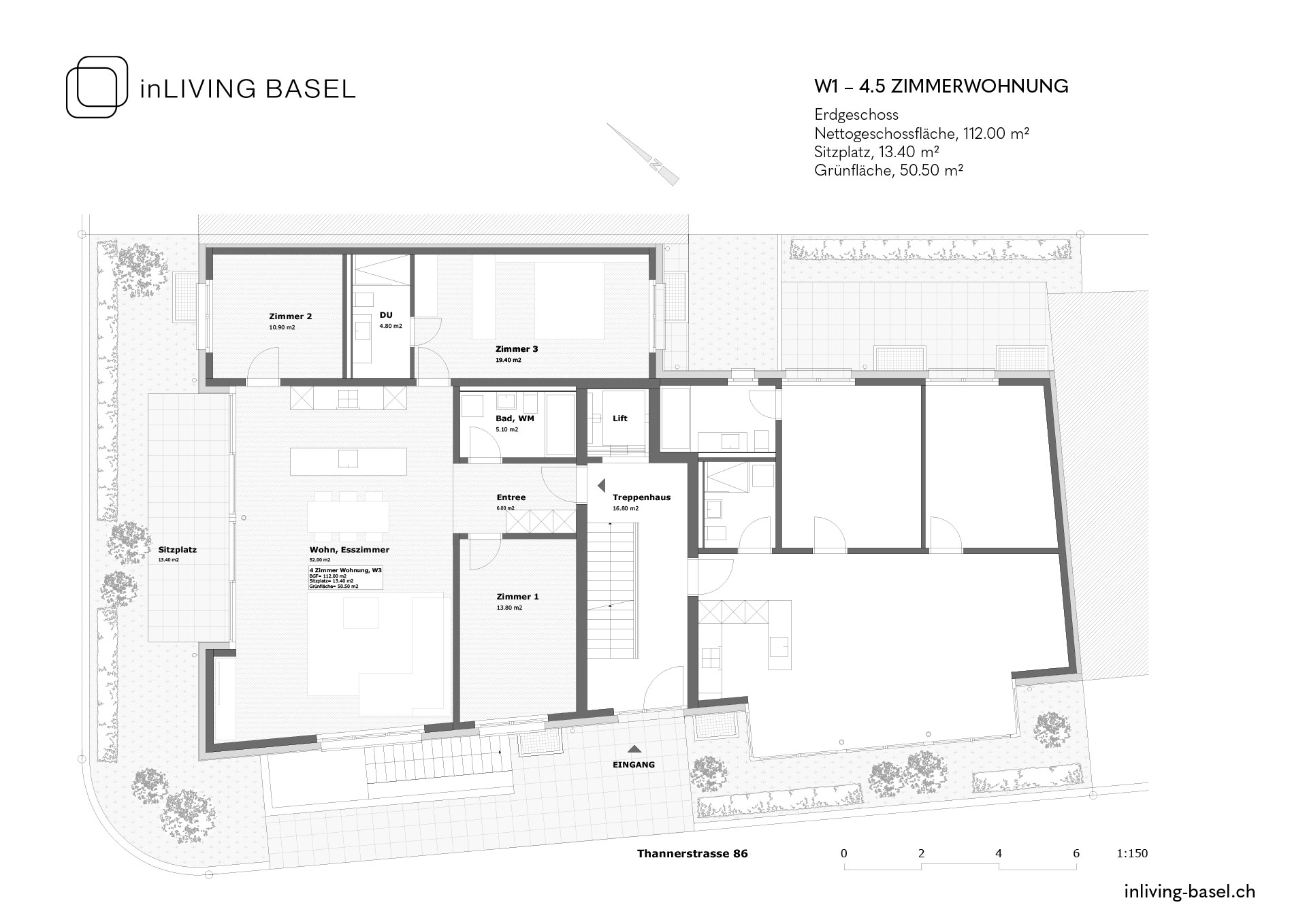 W1, 4,5 Zimmer Wohnung, 111m2, 1. Obergeschoss, Thannerstrase 86, Basel