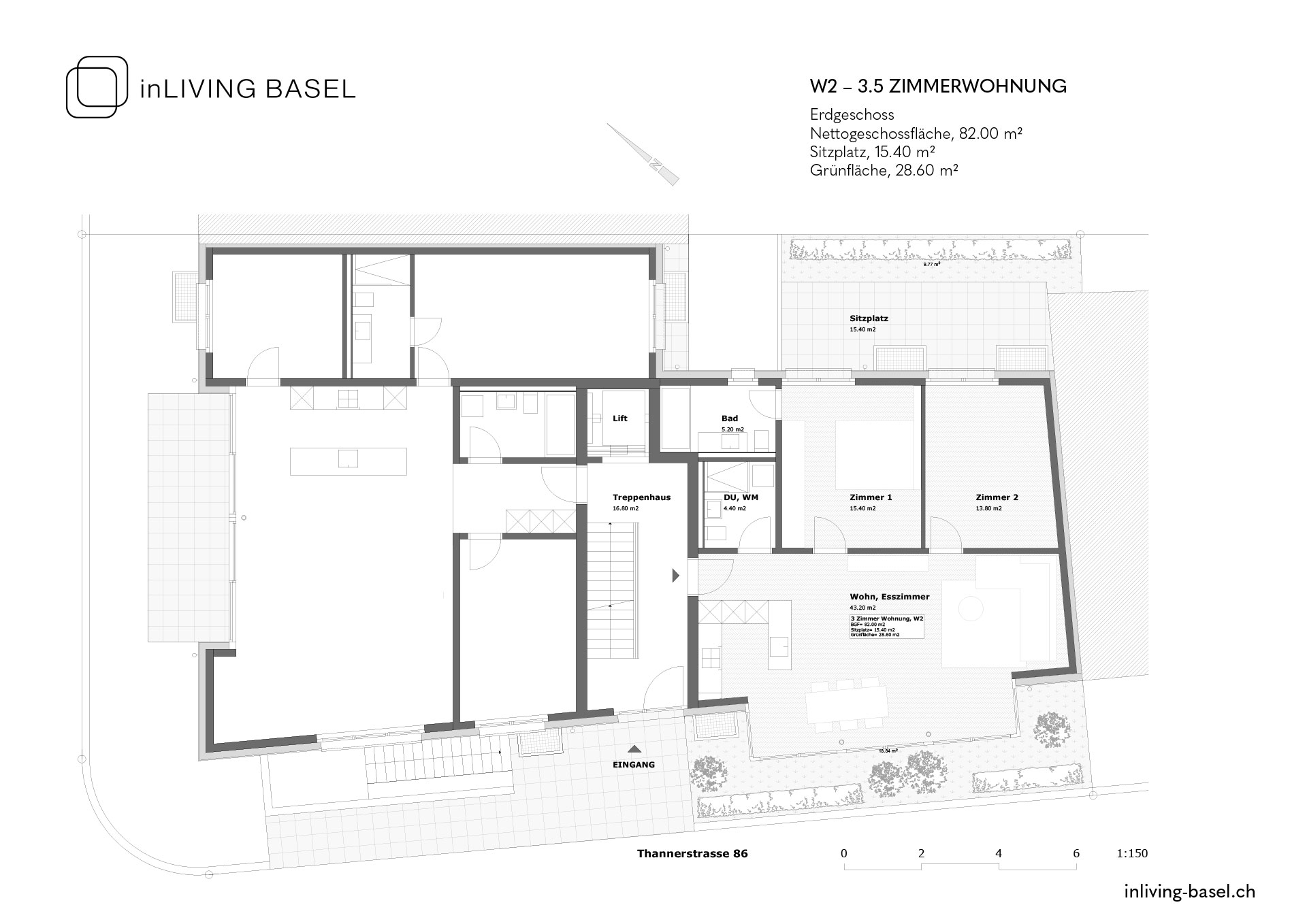 W2, 3,5 Zimmer Wohnung, 80m2, Erdgeschoss, Thannerstrase 86, Basel