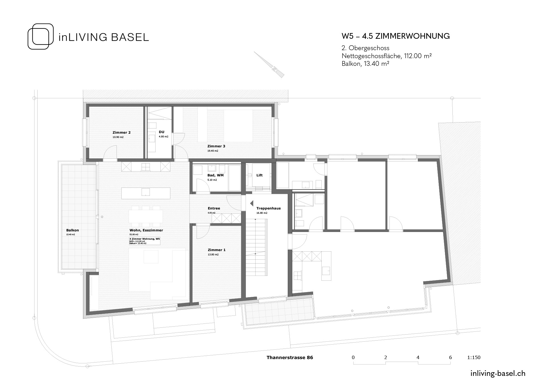 W5, 4,5 Zimmer Wohnung, 111m2, 2. Obergeschoss, Thannerstrase 86, Basel