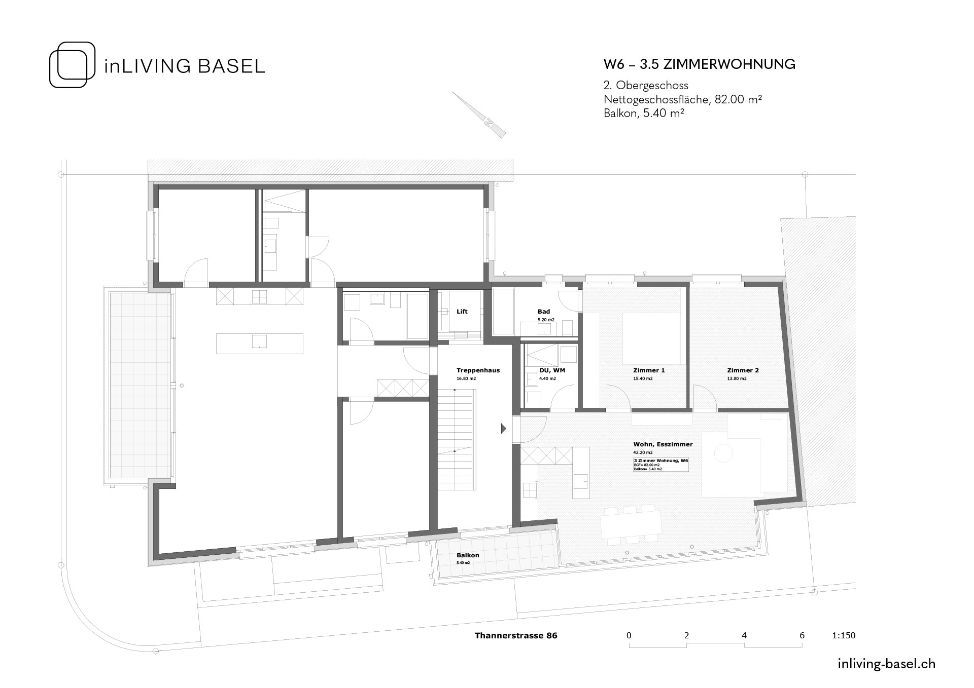 W6, 3,5 Zimmer Wohnung, 80m2, 2. Obergeschoss, Thannerstrase 86, Basel