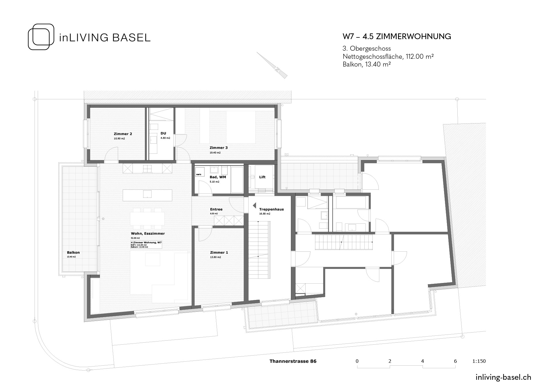 W7 4,5 Zimmer Wohnung, 111m2, 3. Obergeschoss, Thannerstrase 86, Basel